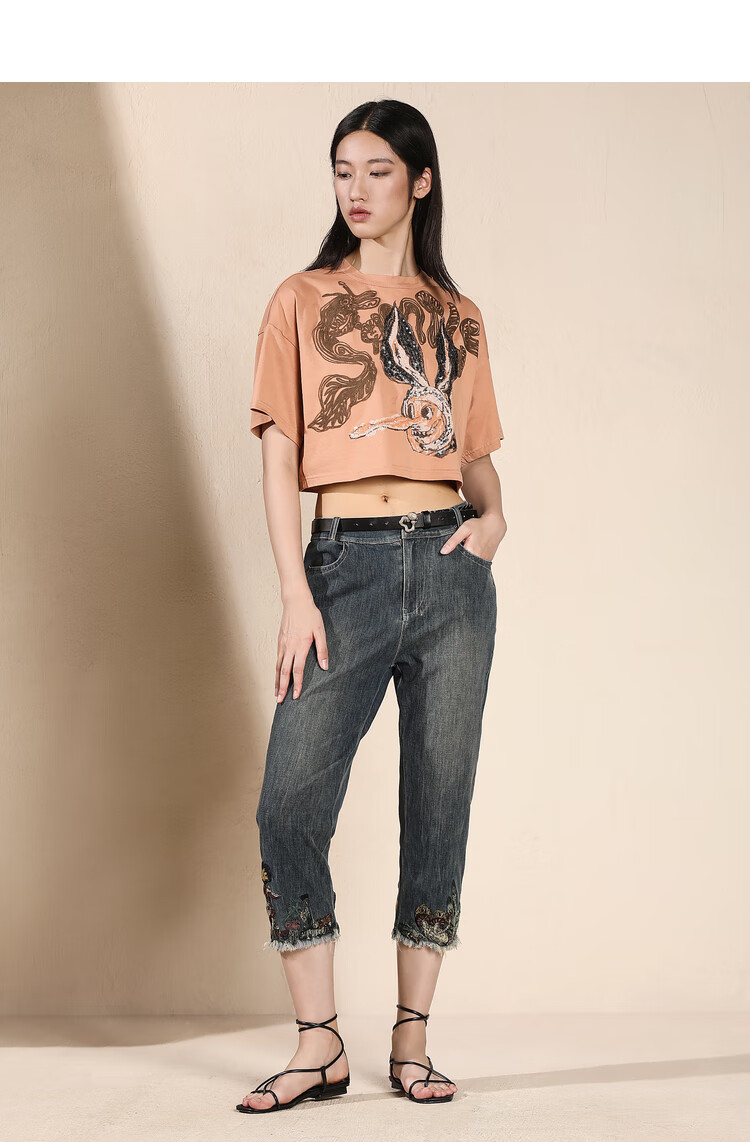 达衣岩时尚舒适长款2022年夏季新品水洗绣花牛仔裤女依旧蓝xs