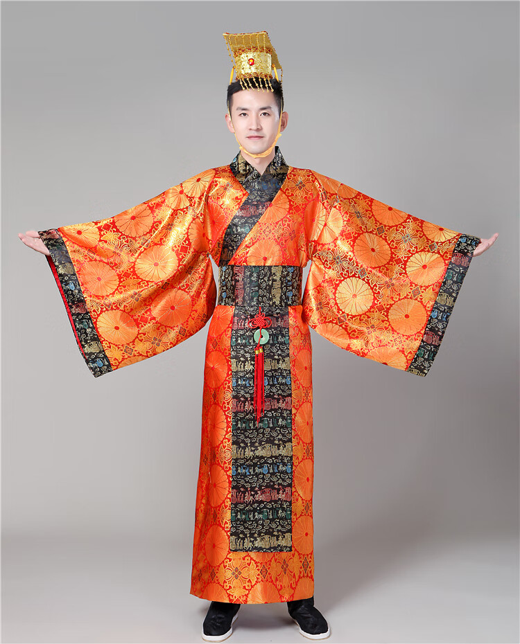 古代皇帝龙袍唐朝秦朝汉武帝汉太子男士古装汉服演出服 金色服装 帽子