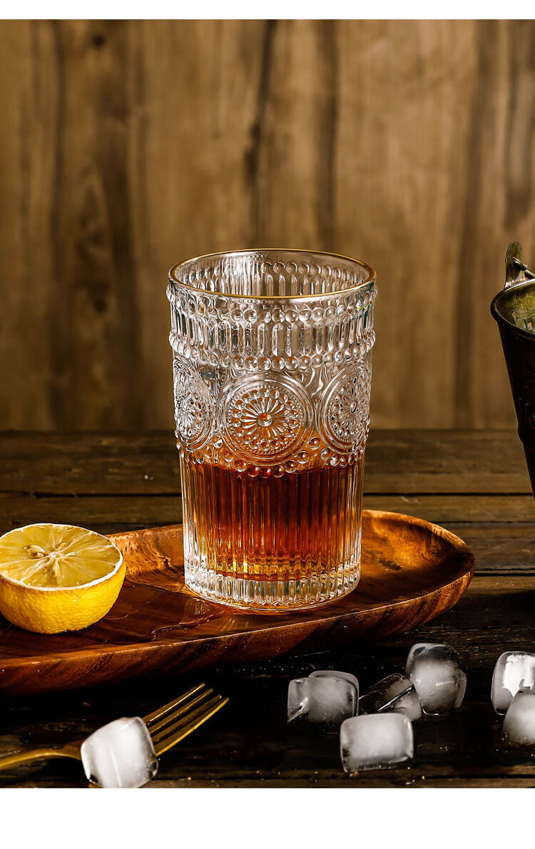 ins网红复古浮雕金边玻璃杯水杯奶茶店果汁杯冷饮杯耐高温金边矮杯款