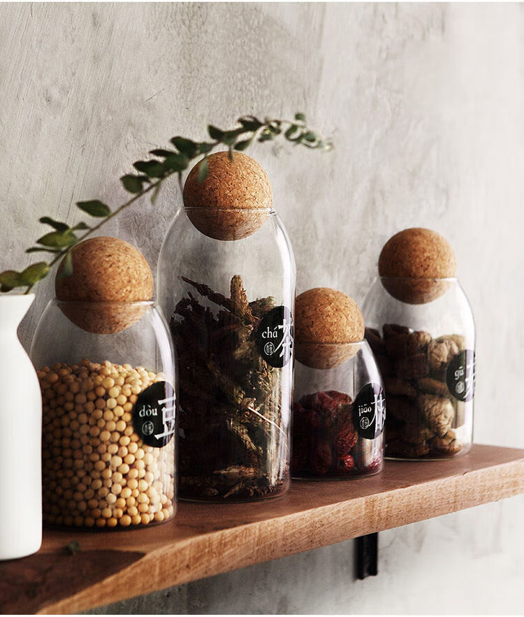 精选软木塞无铅玻璃瓶子密封罐带盖可爱储物花茶叶罐小号圆形透明家用