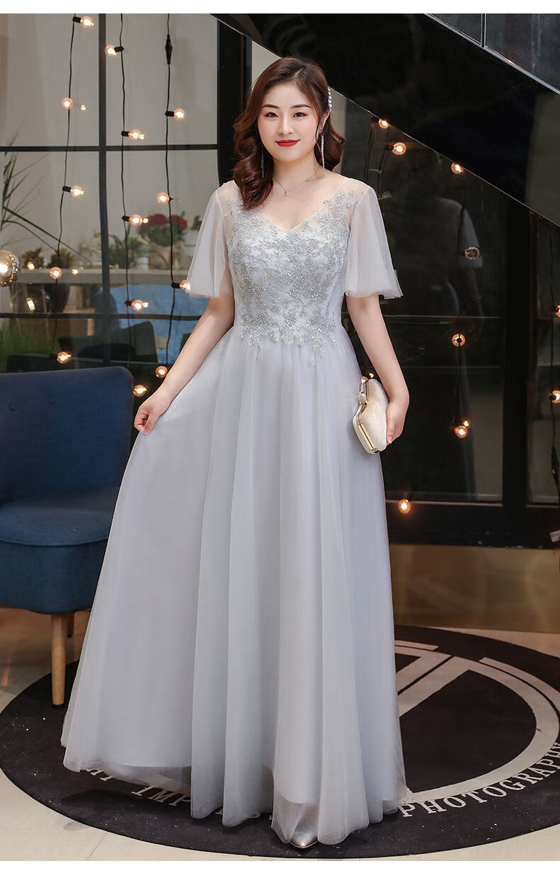 主持人晚礼服女长款中学生伴娘裙礼服大码长款2022冬季胖mm200斤姐妹