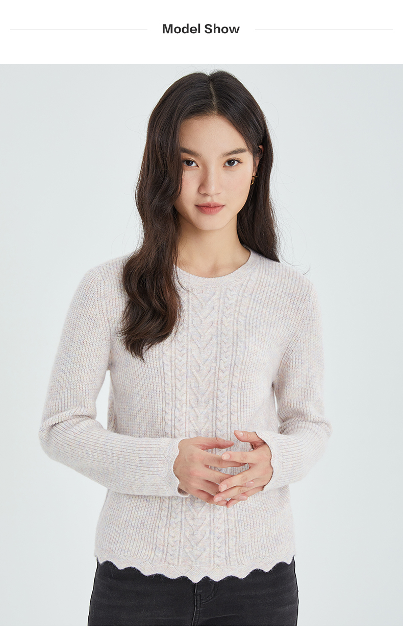 商场同款衣恋官方集团女装春季圆领套头波纹边纯色小众毛衣乳白色165