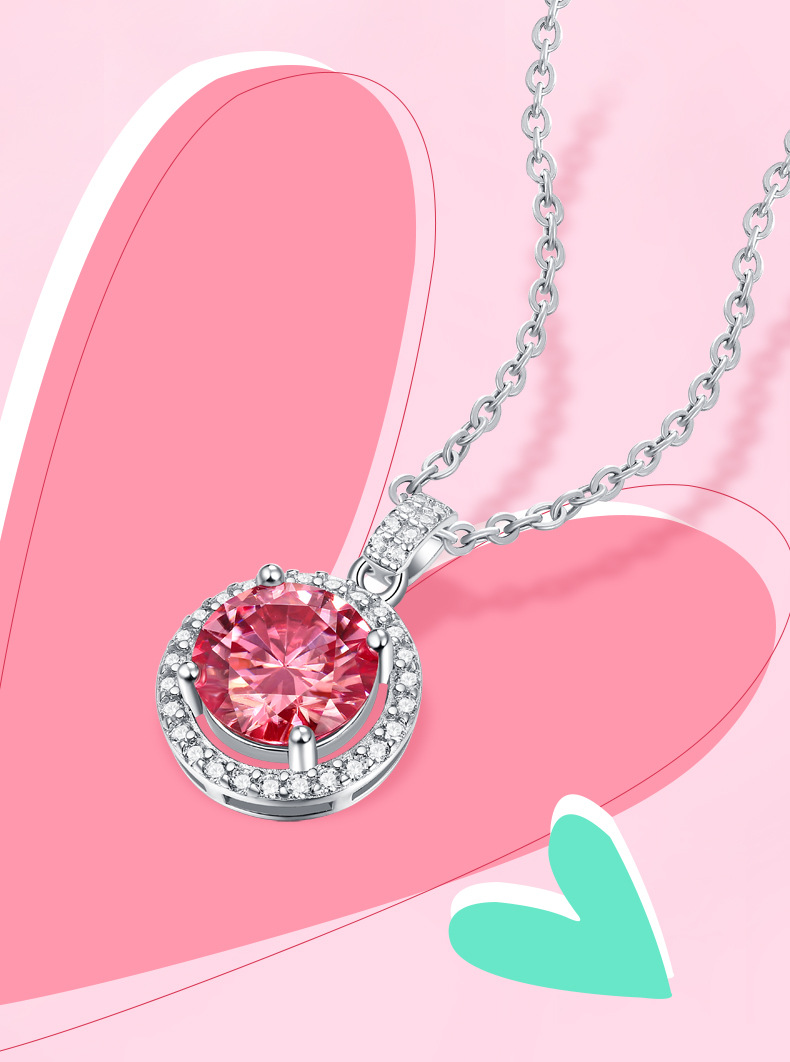 配送证书s925银项链女款镶粉色莫桑钻吊坠送女友闺蜜母生日圣诞七夕