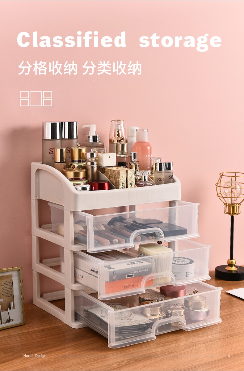 88394-冇力化妆品收纳盒多层可拆卸透明桌面抽屉柜塑料收纳盒整理柜多功能储物盒收纳箱 透明3层抽屉(顶带格子)-详情图