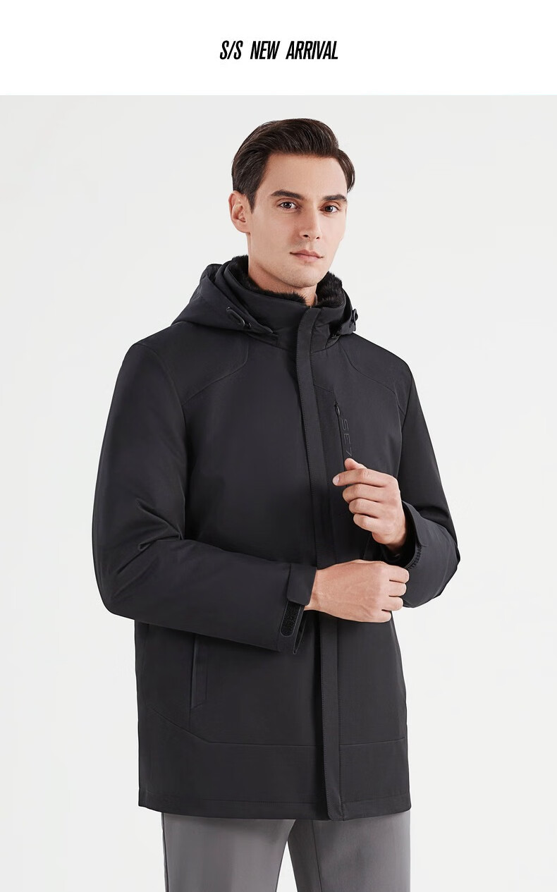 尼克服柒牌男款长袖外套2021冬季可拆卸帽领黑色厚款皮草大衣黑色180