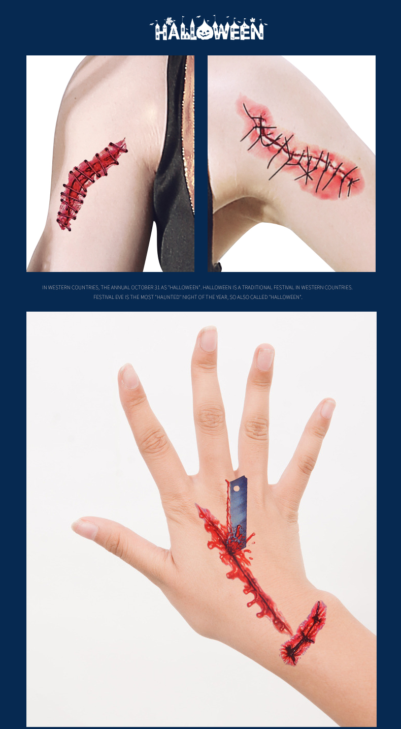 万圣节饰品道具假伤疤贴化妆妆容贴纸仿真贴脸部假割腕僵尸吸血鬼短款