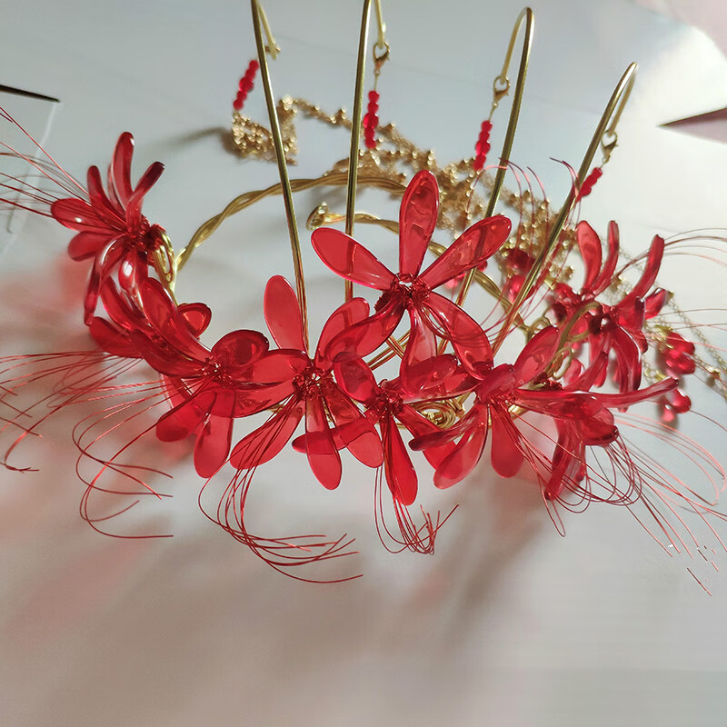 【忘相思】彼岸花发冠发簪汉服配饰红色古风手工发饰 红色【三生】