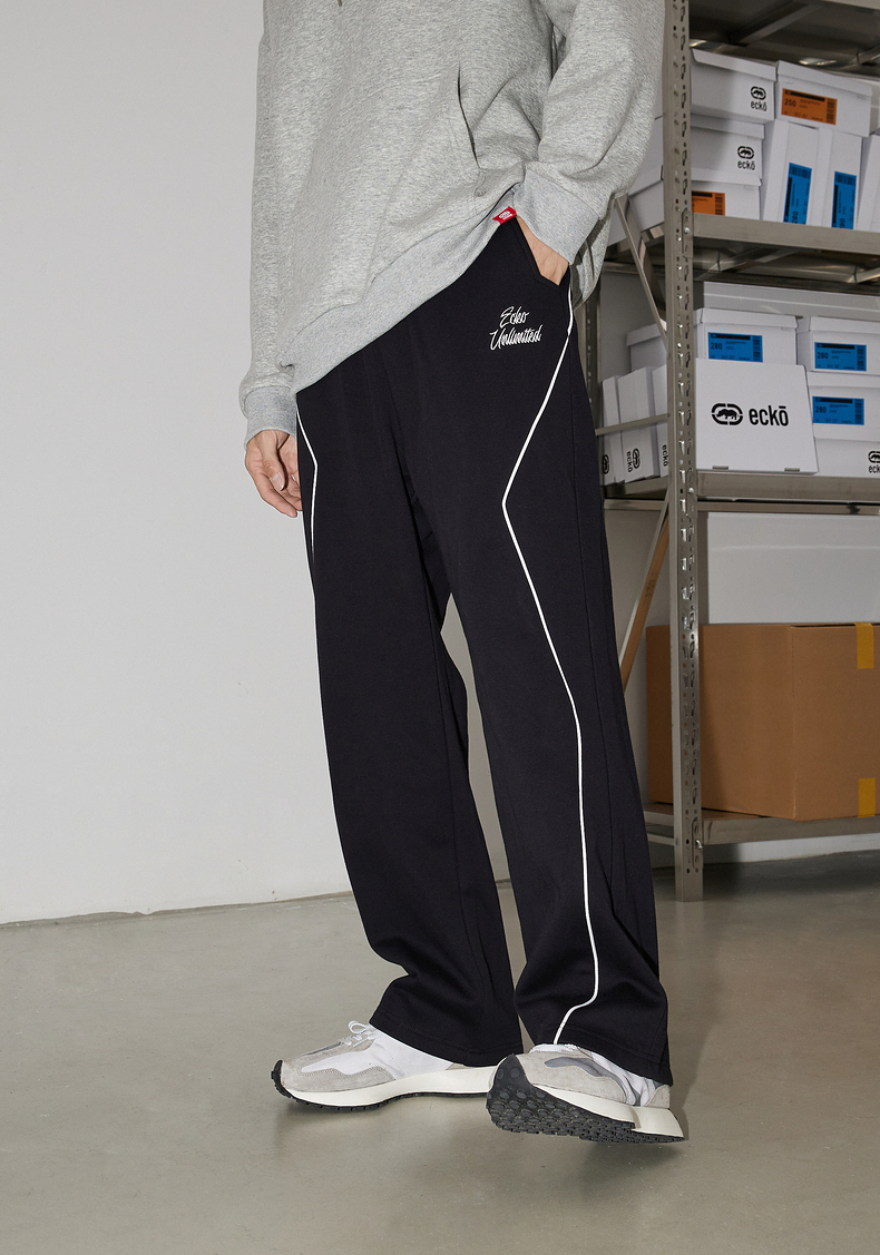 ecko犀牛休闲裤男潮牌2021冬季新款拼接反光条字母刺绣针织系带直筒