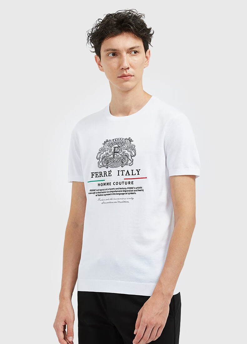 ferre费雷奢侈品意大利男装刺绣圆领短袖针织衫新款轻奢大牌短袖针织