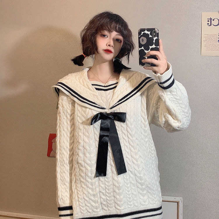 上衣新款慵懒风宽松加厚麻花海军领毛衣外套女学生韩版针织衫sn5270 