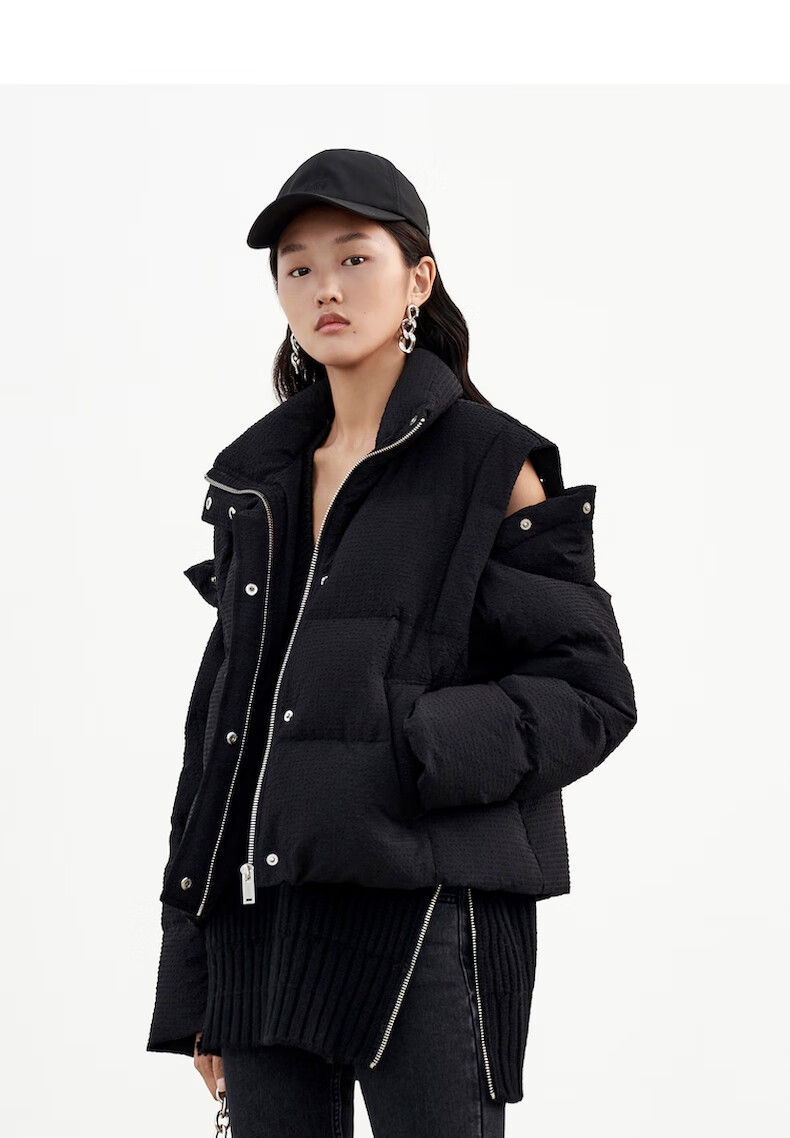 moco2021冬季新品可拆卸袖子颗粒感宽松短款两穿羽绒服摩安珂米白色xs