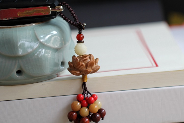 桃木莲花钥匙扣挂件编织钥匙圈挂饰挂件编织钥匙圈环