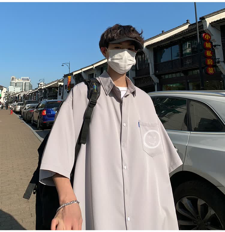 vision coupe小红书潮男穿搭夏季潮牌宽松冰丝短袖衬衫男搭配休闲裤一