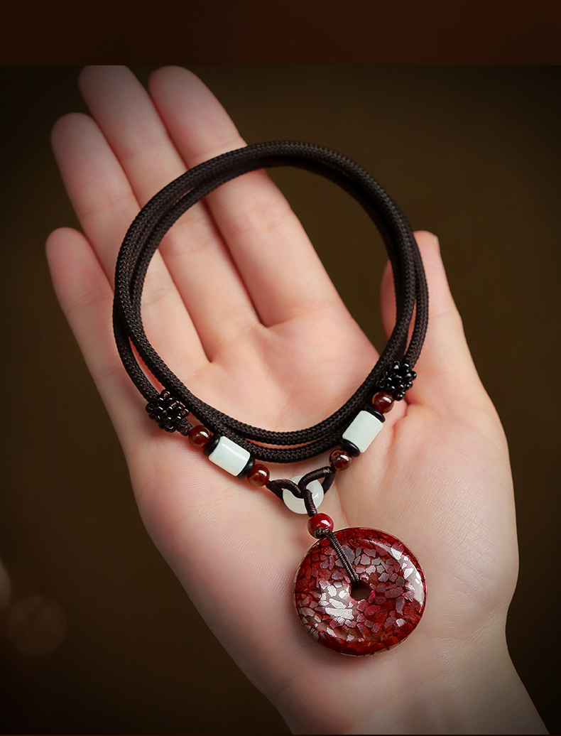 朱砂平安扣吊坠女透光晶体男女翡翠玉精编绳情侣款复古项坠挂饰品小号