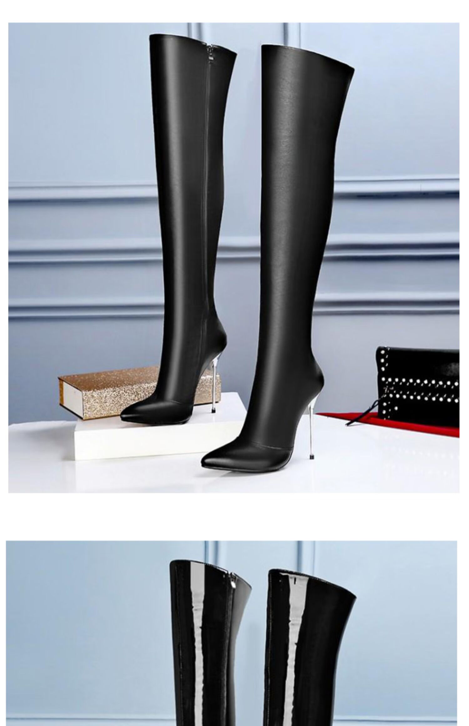 大码过膝长靴漆皮细跟2022春秋欧美长筒靴镭射高跟靴铁跟瘦瘦靴 金色