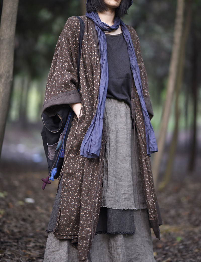 如素慢衣秋冬新款复古碎花双层棉拼接斜襟系带文艺休闲风衣外套女