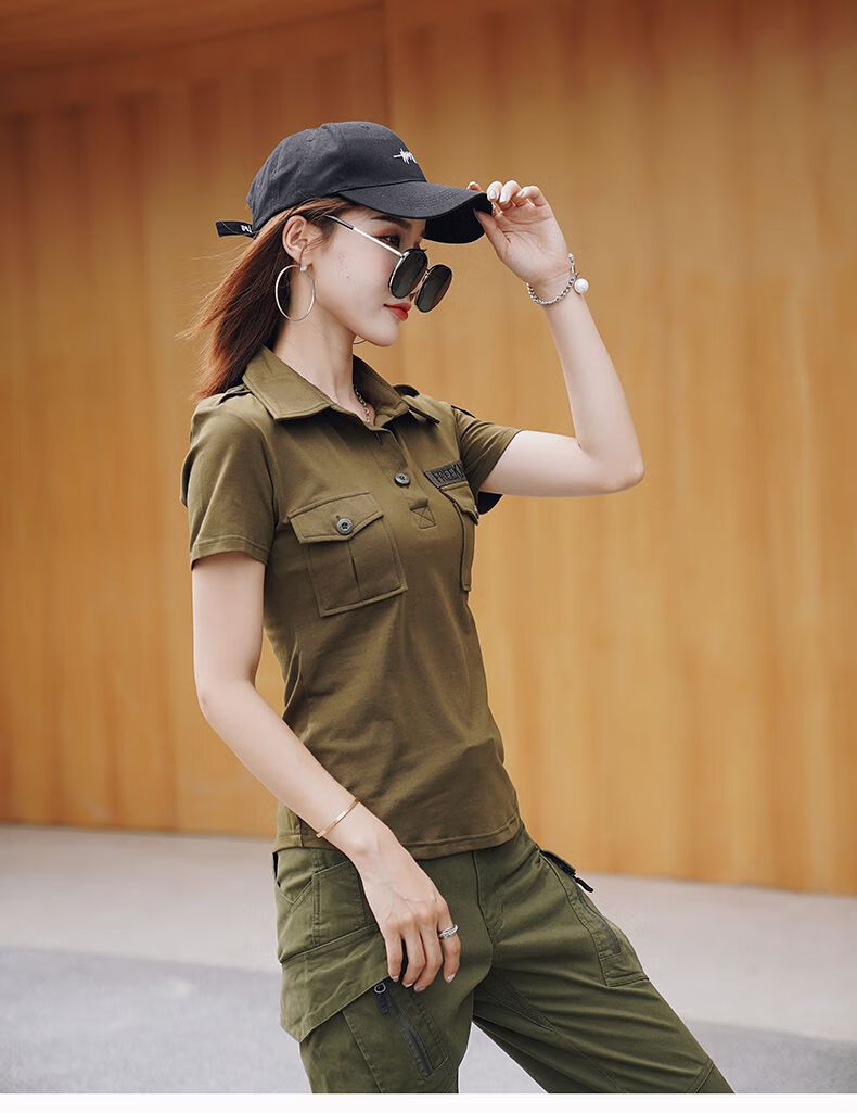 女兵2022新款夏季迷彩短袖恤女潮工装上衣显瘦弹力宽松水兵舞服装潮