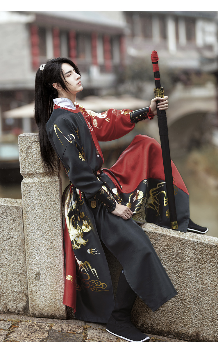 貔貅如梦霓裳原创汉服男款间色织金圆领袍貔貅花纹中