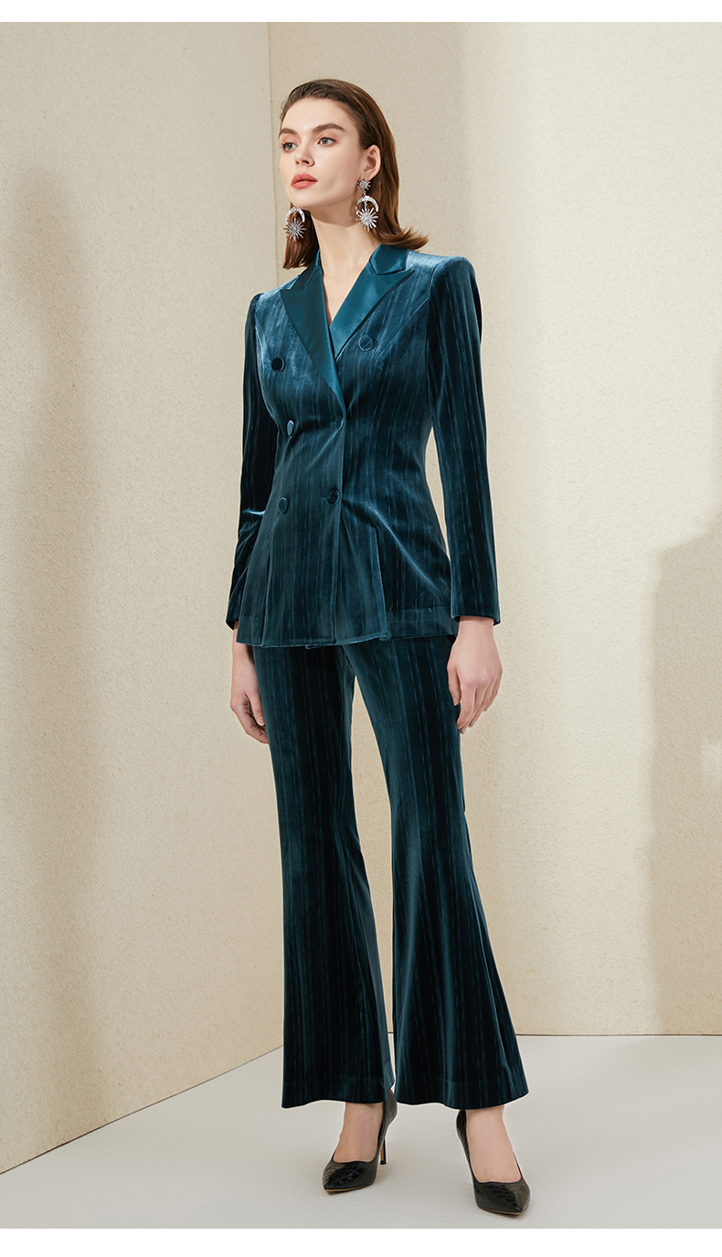 法曼努秋冬丝绒西装套装女新款修身时尚蓝色职业装金丝绒小西服阔腿裤