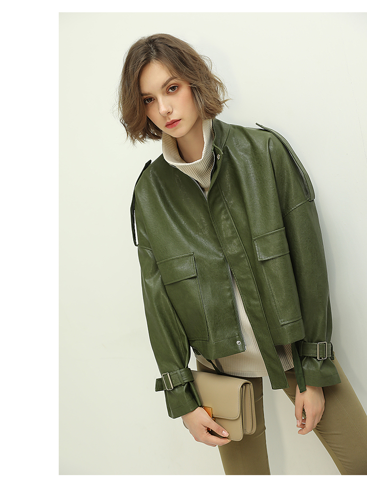 cocobella时尚橄榄绿帅气机车夹克女短款立领pu皮外套ct1072 橄榄绿 l