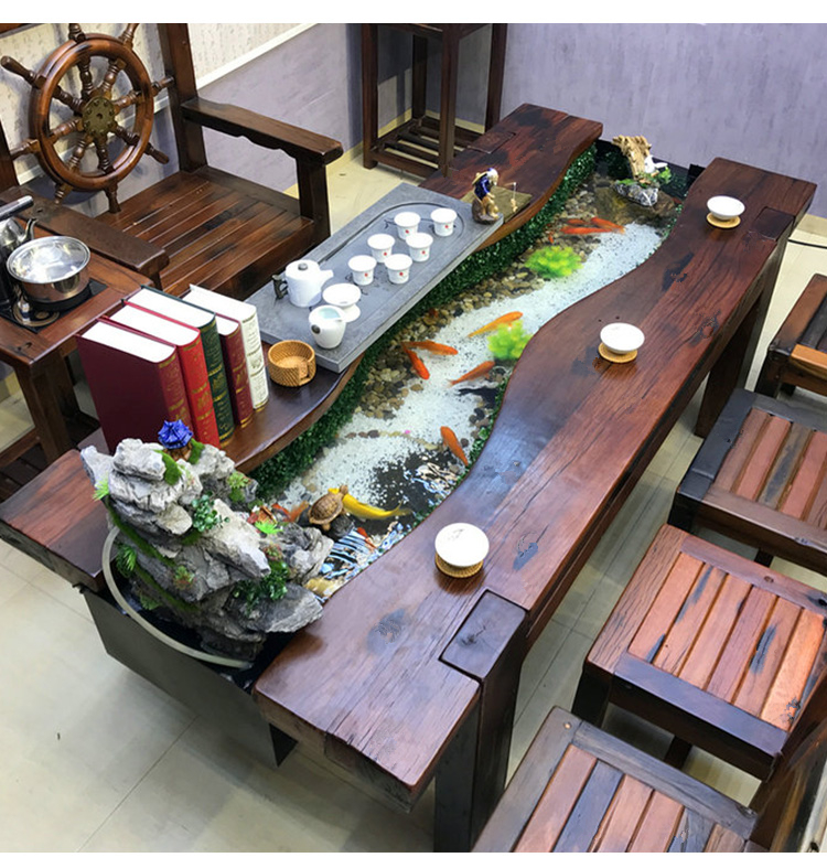养鱼流水茶桌 老船木流水茶桌椅组合实木功夫茶几养鱼缸茶台新中式