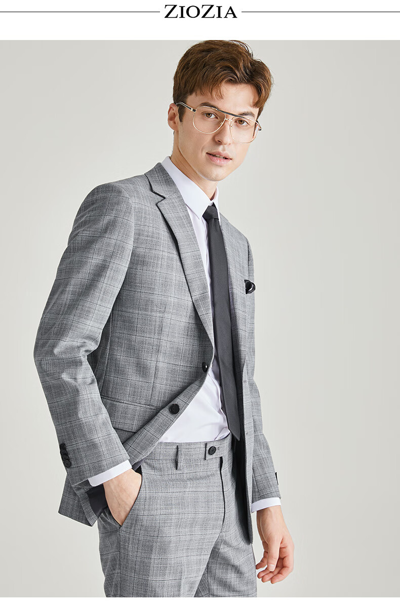 ziozia夏季新款商务时尚男士青年格子纹正装西服外套zsb02203c灰色90