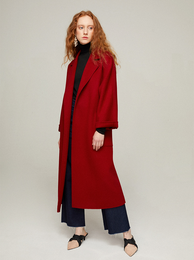 igh高定品牌女装复古红色双面呢羊毛大衣女秋冬装新款韩版气质中长款