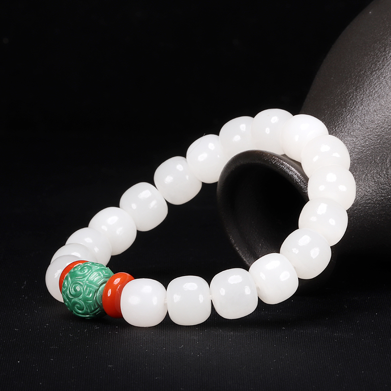 妙灵阁天然新疆和田玉手串女款羊脂白玉老型珠白玉石女士桶珠手链带