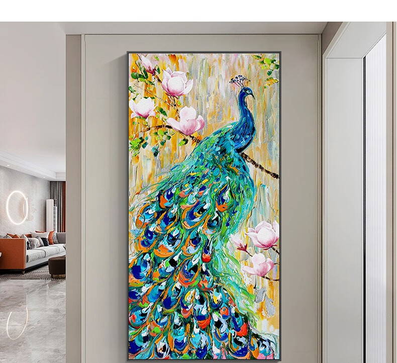 旭泽纯手绘油画定制孔雀开屏油画立体动物挂画欧式玄关走廊壁画现代