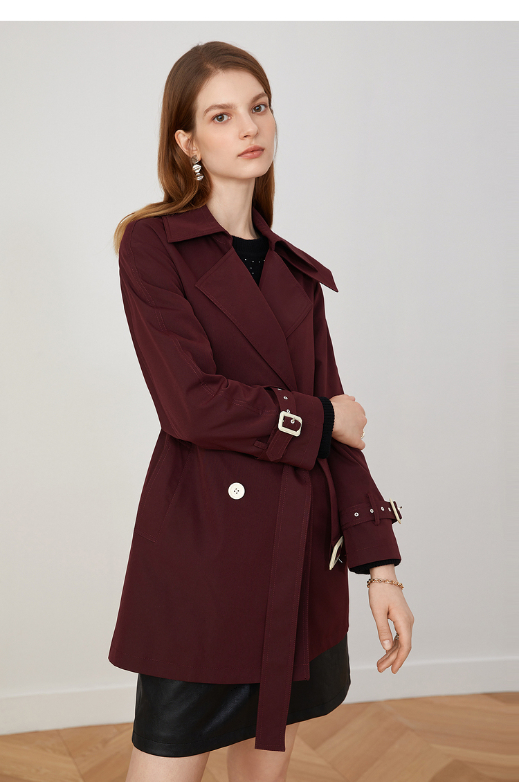 yiner音儿女装2021秋季新款中长款通勤纯色风衣外套酒红36