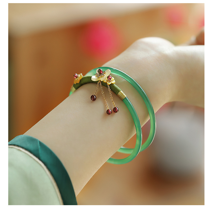 叮当镯玉玛瑙古风手镯女玉髓细条镯子一对水绿中国风玉镯璃安青手镯单