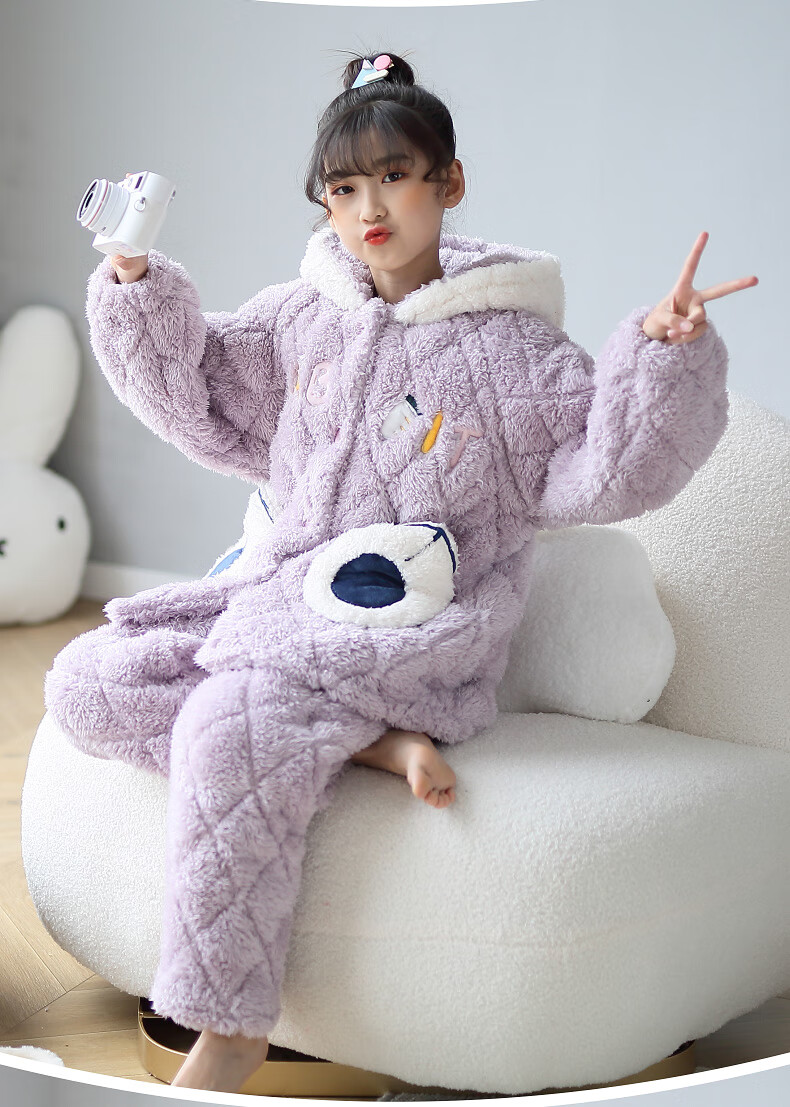 款三层夹棉中大童保暖法兰绒套装81233浅紫粉110cm8码建议身高100110