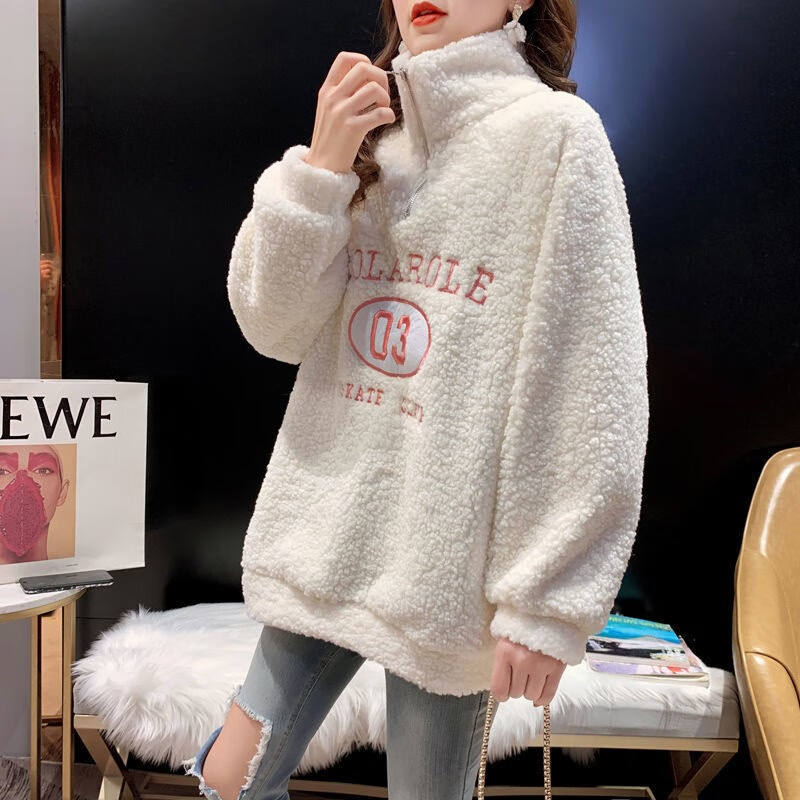 森马青岛即墨羊羔绒卫衣女加绒加厚立领半拉链宽松大i码2022新款秋冬