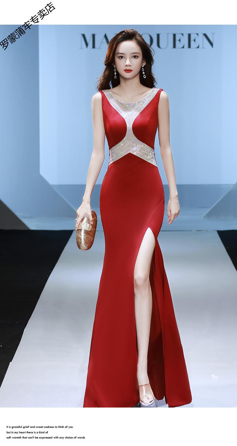高端晚礼服裙女设计感小众鱼尾红色主持人年会轻奢缎面开叉连衣裙红色