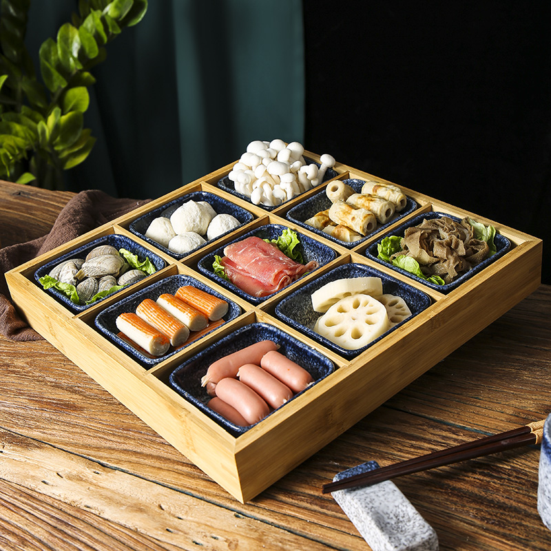 火锅店食材厨房配菜九宫格餐具盘子分格木质早餐托盘蔬菜拼盘九格星空