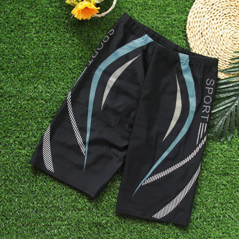 中老年人保守泡温泉夏季青少年泳衣hai长泳裤黑底白色xl号110斤125斤