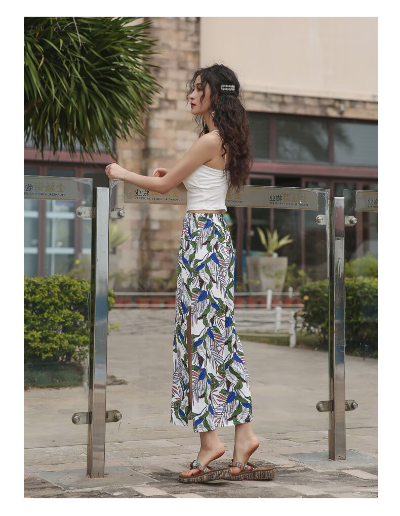 傣族服装泰国西双版纳裙直筒开叉夏休闲海边度假半身雪纺树叶印花修身