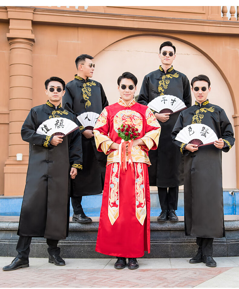 尊彭zunpeng伴郎服中式婚礼男士长衫兄弟团结婚礼服中国风唐装长袍