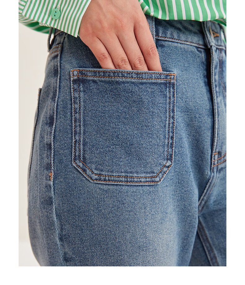 热风2022年春季新款女士前贴袋阔腿毛边微喇牛仔裤小个子ins潮06兰色