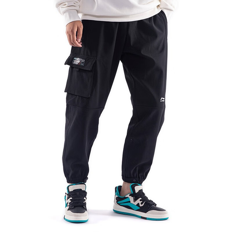 李宁男子运动加绒长裤2021冬季新款宽松时尚休闲工装裤aykr877黑色1xl