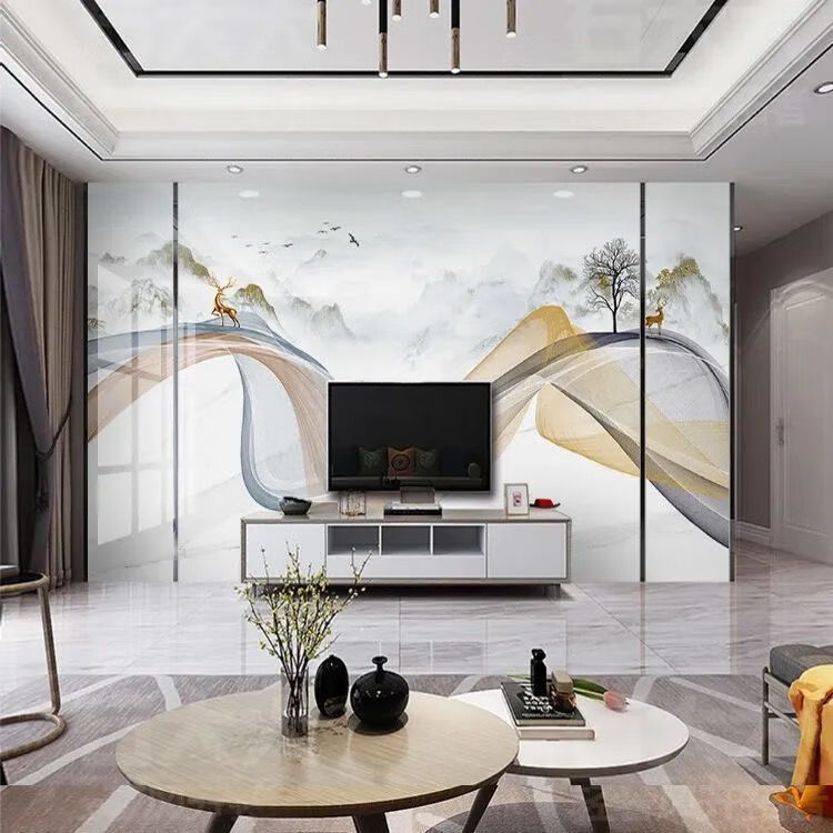 定制岩板大板电视背景墙简约客厅山水画护墙板立柱边框影视墙瓷砖定制