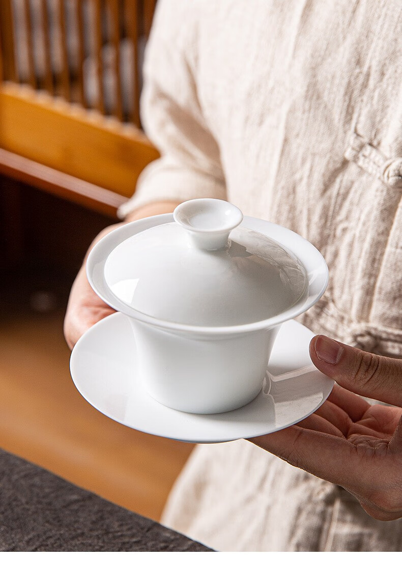 茶醉人四夕盖碗薄胎白瓷三才茶碗复古马蹄大中小容量单个茶具甜白禅意