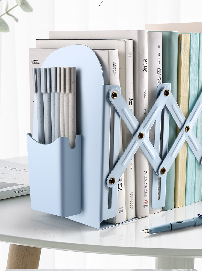 欣皇家居优选简繁可伸缩书立带笔筒磁吸书架桌面书本收纳架挡板书夹