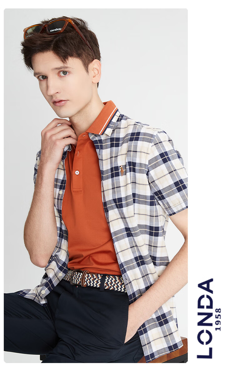 londapolo伦德保罗夏季新款短袖衬衫男薄款格子衬衣纯棉半袖男装卡其