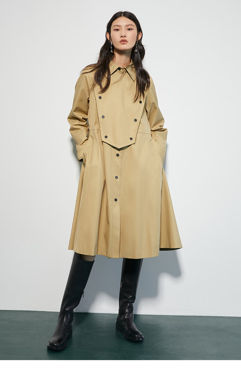 曼德诗豆绿色风衣女2022春季门襟挡风层次感廓形气质通勤宽松外套豆