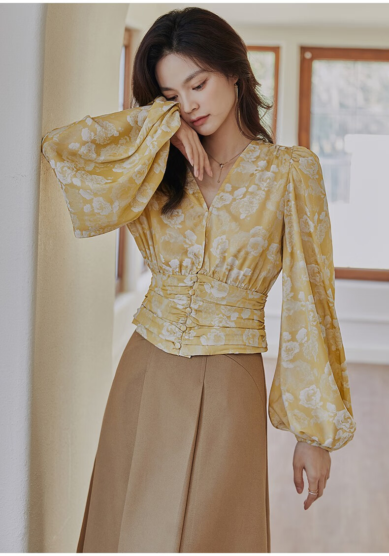 复古宫廷风印花缎面衬衫女2022春装新款长袖显瘦衬衣06005红色s