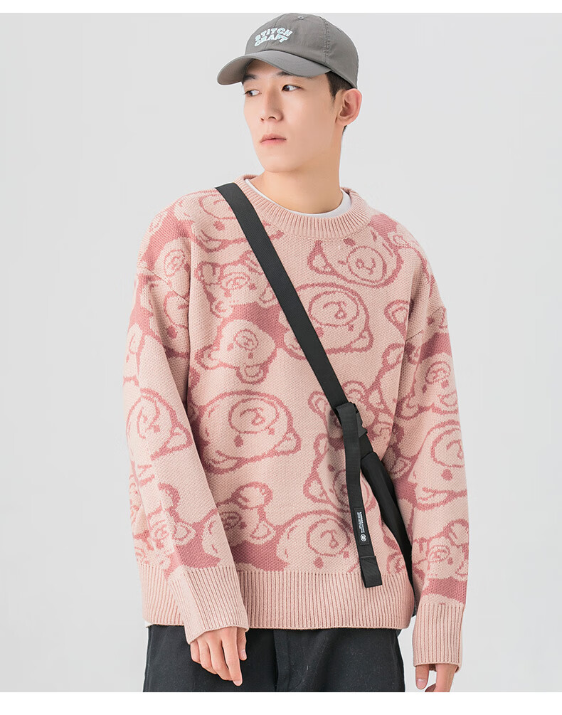 woodsoon圆领毛衣男秋冬外穿ins潮流宽松慵懒风情侣装小熊针织衫粉色