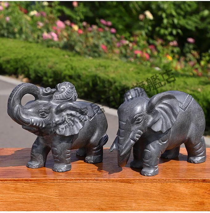 石雕大象一对看门摆件青石雕刻石象风水象门前门口石头象木珠缘青石长
