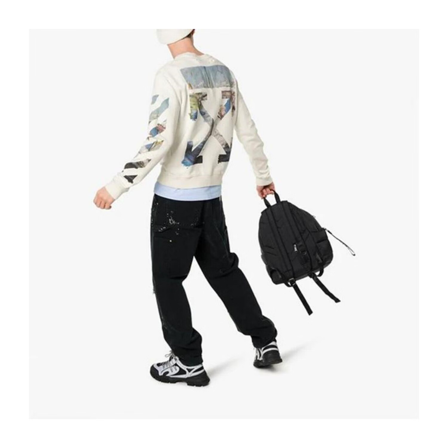 off -ow white卫衣 衣男莫奈油画箭头侧条纹印花圆领长袖衫女 米白色