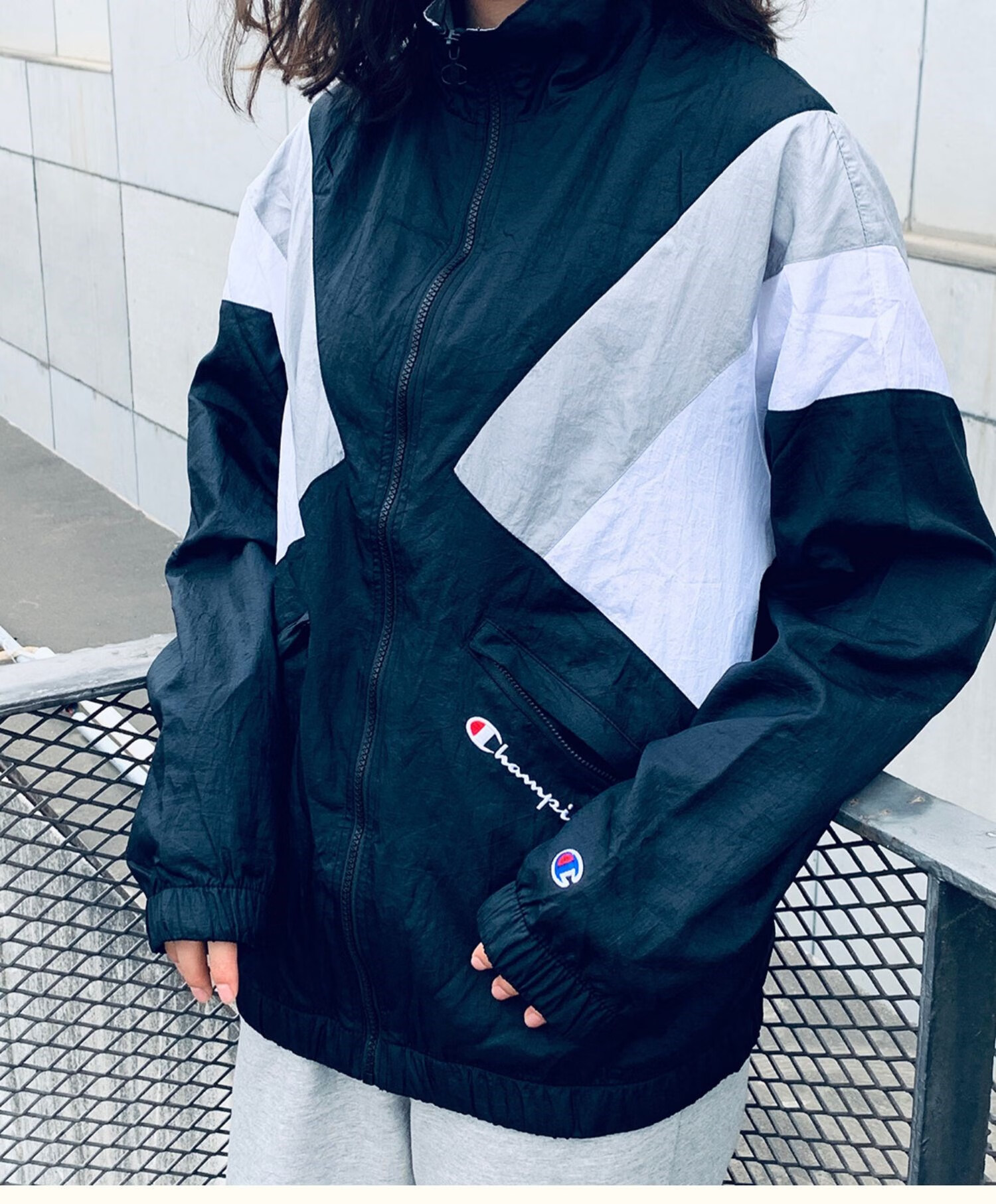 美版champion冠军复古撞色拼接拉链男女情侣潮牌外套教练夹克 蓝白红